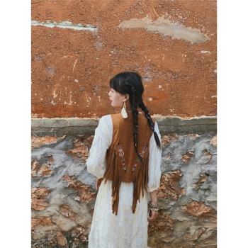 民族風復古麂皮絨馬甲女刺繡搭配裙子外套波西米亞流蘇開衫小背心