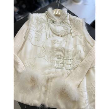 新中式國風夾棉馬甲套裝秋冬女款中式刺繡旗袍背心棉襖上衣兩件套