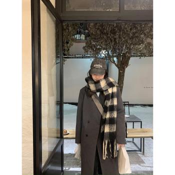 烏77復古高級感雙排扣毛呢大衣女設計感內裡羽絨保暖中長款外套冬