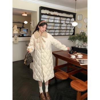韓版菱格可拆卸毛領羽絨服女小個子中長款過膝輕薄90白鴨絨冬季