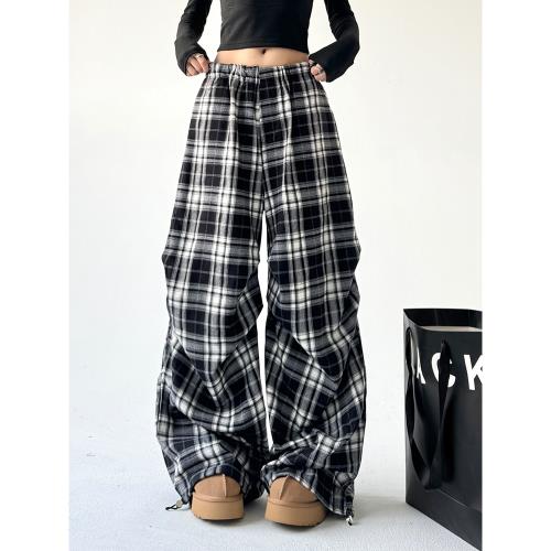 加厚毛呢闊腿褲女秋冬美式復古格子直筒寬松垂墜感闊腿休閑長褲