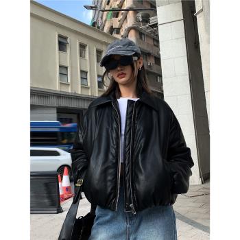 ousph 黑色長袖拉鏈皮革夾克外套女2024冬加厚保暖機車氣質短款潮