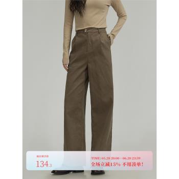 「HUIXI」棕色燈芯絨休閑褲女2025春季新款復古百搭顯瘦直筒長褲