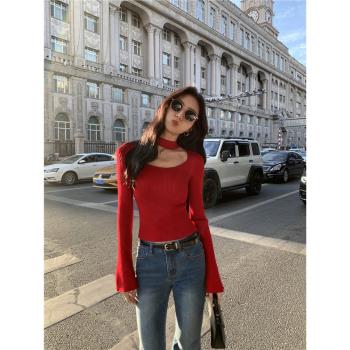 MULVAN 紅色掛脖長袖針織衫女秋冬內搭修身顯瘦設計感打底衫上衣