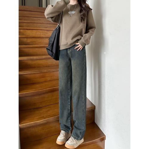 高腰窄版直筒牛仔褲女春季150小個子顯高九分寬松顯瘦垂感闊腿褲