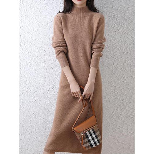 秋冬過膝連衣裙針織羊毛衫女長款毛衣裙內搭保暖加厚半高領打底裙