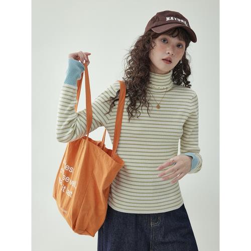 「北島AMUU原創」拼色條紋高領羊毛針織衫女秋冬新款打底套頭上衣