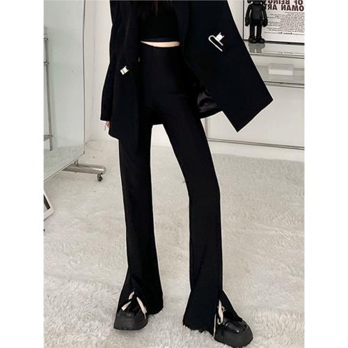 歐貨爆款開叉喇叭褲子女春夏小個子顯瘦微喇西裝褲高腰休閑馬蹄褲