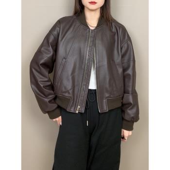 海寧2024春新款真皮皮衣女短款綿羊皮棒球服機車皮夾克復古外套潮