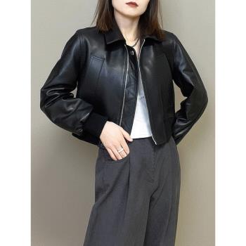 海寧2024年春季新款真皮皮衣女短款翻領減齡棒球服夾克外套綿羊皮