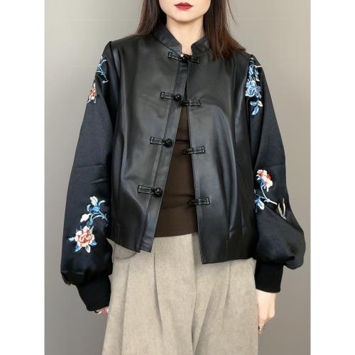 復古綿羊皮拼接印花真皮皮衣國風盤扣寬松夾克2024立領短款外套女