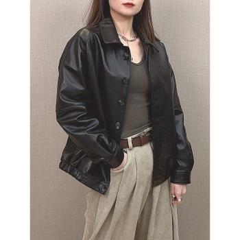 2024春秋新款真皮皮衣女襯衫款短款休閑簡約小個子綿羊皮夾克外套