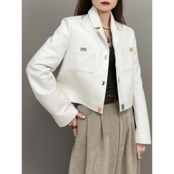 海寧真皮皮衣女短款西服領單排扣綿羊皮金扣皮夾克口袋顯瘦外套
