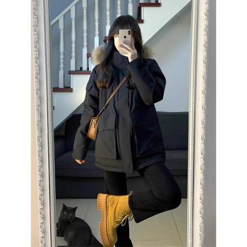 美式高階感派克服棉服加厚黑色連帽外套女冬季2024新款棉襖夾棉衣