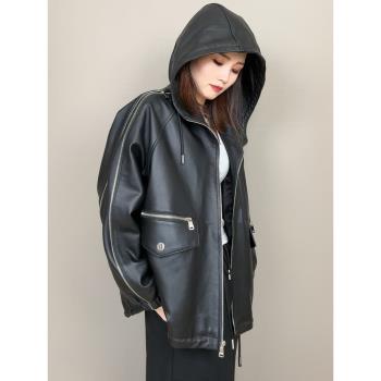 2024新款高品質寬松大氣連帽綿羊皮真皮皮衣不規則休閑口袋外套女