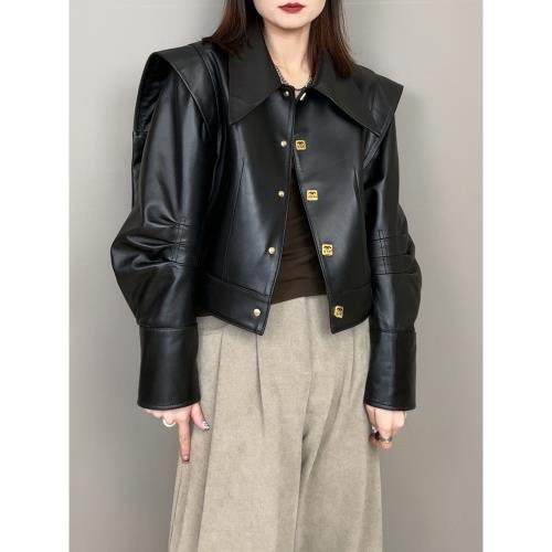 歐貨綿羊皮皮衣女方領純色金屬扣短款皮夾克外套真皮松緊收腰個性