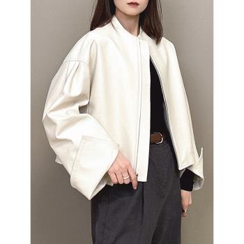 2024秋新款韓版寬松棒球服真皮皮衣外套女短款小個子機車夾克上衣