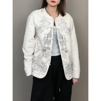 2024春季新款綿羊皮洋氣高階感超好看新中式國風刺繡唐裝圓領上衣