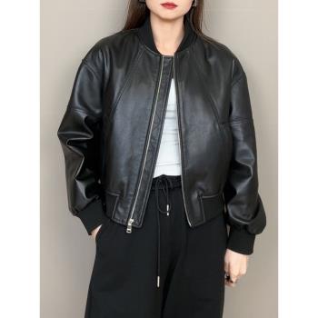 海寧2024春新款真皮皮衣女短款綿羊皮棒球服機車皮夾克復古外套潮