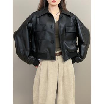 海寧2024春新款真皮皮衣女短款綿羊皮蝙蝠袖單排扣機車皮夾克外套