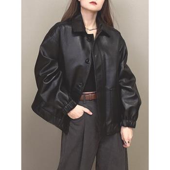 海寧2024年春季新款真皮皮衣女方領短款單排扣松緊腰韓版寬松機車