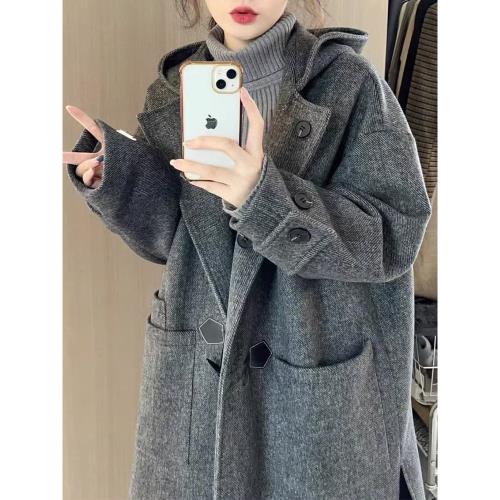 高級感灰色牛角扣毛呢大衣女秋冬季2025年新款加厚小個子呢子外套