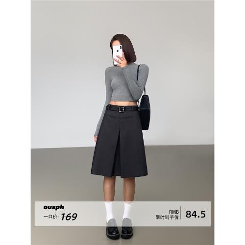 ousph 高級灰色小眾高腰開叉半身裙女秋新款口袋氣質中長西裝裙