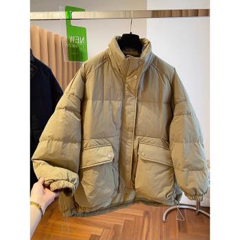 寬松立領羽絨棉服女冬季大碼胖mm卡其色麵包服高級設計感棉衣外套