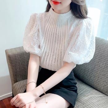 法式蕾絲泡泡袖上衣女裝夏季2025新款高階感時尚洋氣歐貨短袖襯衫