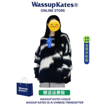 Wassup kates慵懶風復古寬松條紋水貂絨毛衣女秋冬季加厚外套上衣