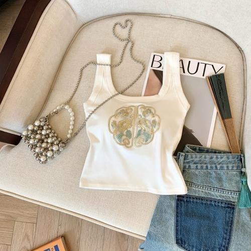 新中式國風刺繡吊帶背心女夏季配襯衫內搭短款無袖打底衫白色上衣