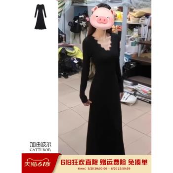 黑色魚尾蕾絲打底連衣裙子女裝秋冬季2025新款包臀裙大衣內搭長裙