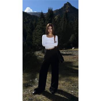 NEVA HU燈芯絨休閑闊腿褲女2024新款韓版高腰寬松顯瘦直筒長褲