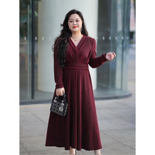 大碼連衣裙2025春季新款女胖mm收腰綁帶顯瘦遮肉時尚氣質V領裙子