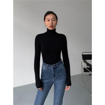 NEVA HU黑色高領針織打底衫女2024春季新款百搭長袖修身內搭上衣