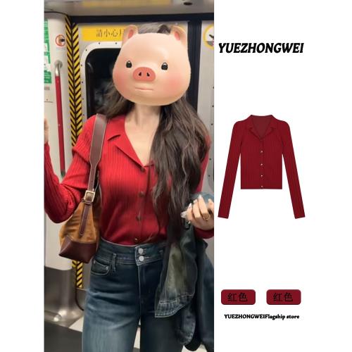 紅色長袖polo領針織衫女2026初早春新款修身翻領獨特漂亮chic上衣