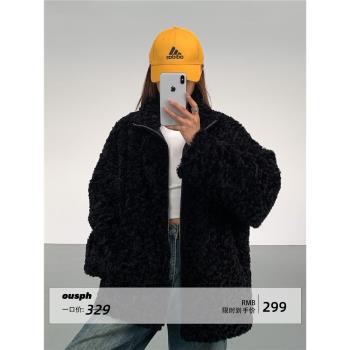 ousph 黑色立領寬松仿皮草外套女冬季新款皮毛一體夾棉加厚羊羔絨