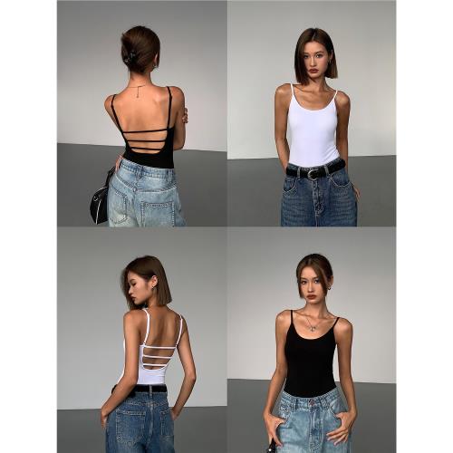 ousph帶胸墊女辣妹小吊帶背心美式夏季短款內搭外穿露背上衣黑色