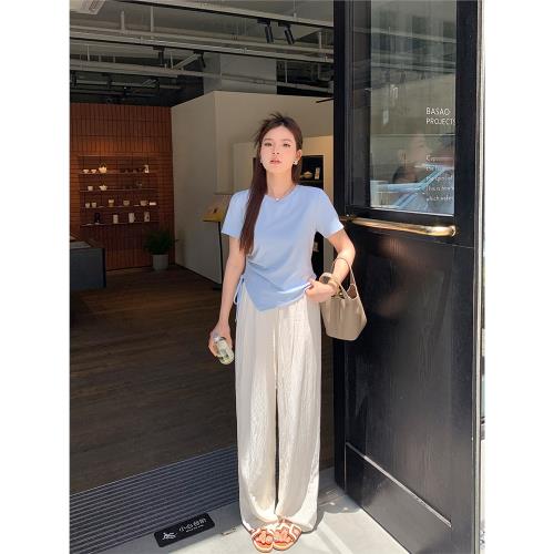 李瀟灑微胖大碼米白色高腰闊腿褲女夏季薄款寬松顯瘦涼涼休閑褲子