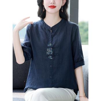 棉麻上衣女夏亞麻刺繡文藝媽媽短款夏季女裝復古中國風民族風t恤
