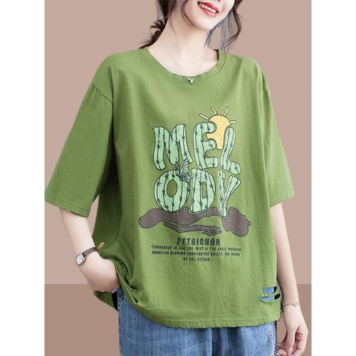 2025夏新款女士純棉短袖t恤遮肚子上衣大碼女裝藏肉顯瘦洋氣減齡