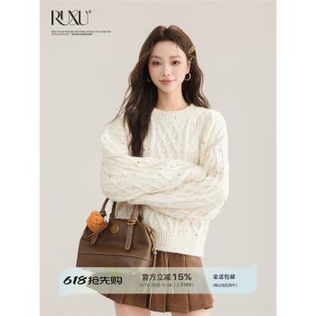 RUXU如續 復古彩點麻花長袖上衣女秋冬新款小眾設計感圓領毛衣