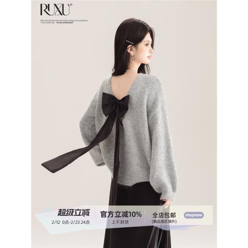 RUXU 如續 韓系慵懶露背蝴蝶結設計感毛衣秋冬上新灰色軟糯上衣