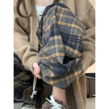 英倫風復古格子褲子女秋小個子高腰拖地闊腿褲高腰磨毛直筒休閑褲