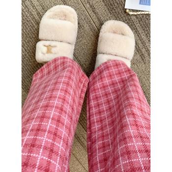 粉色闊腿格子褲子女秋冬高腰寬松直筒休閑長褲小個子加絨加厚衛褲
