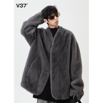 (免運)V37 水貂絨皮毛一體外套男款冬季新款加絨加厚高階感棉衣毛絨棉服