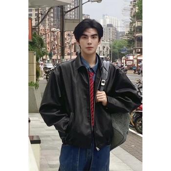 (免運)美式復古黑色皮衣外套男高級感春秋季cleanfit痞帥墊肩夾克機車服