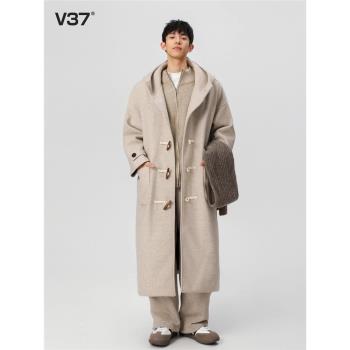 (免運)V37高階感牛角扣毛呢大衣男2025秋冬季加厚保暖長款呢子連帽外套