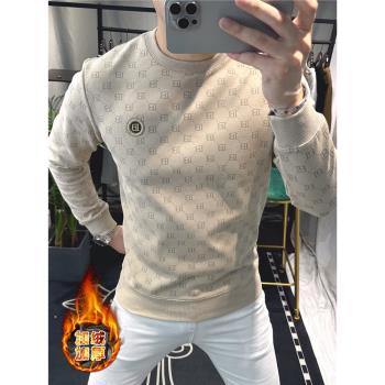 (免運)歐洲站高階印花衛衣男2024新款秋冬燙鉆時尚潮牌修身男士上衣加絨