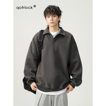 (免運)440g重磅衛衣男秋季潮牌ins寬松百搭翻領外套純色簡約Polo衫長袖